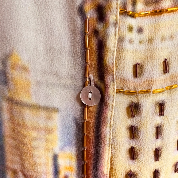Vintage Printed San Fransisco Trolley Car Silk Gray Ivory Beaded Blouse Shirt L - Picture 9 of 15